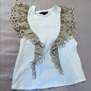 Veronica Beard White Blouse with Tan Lace Accents